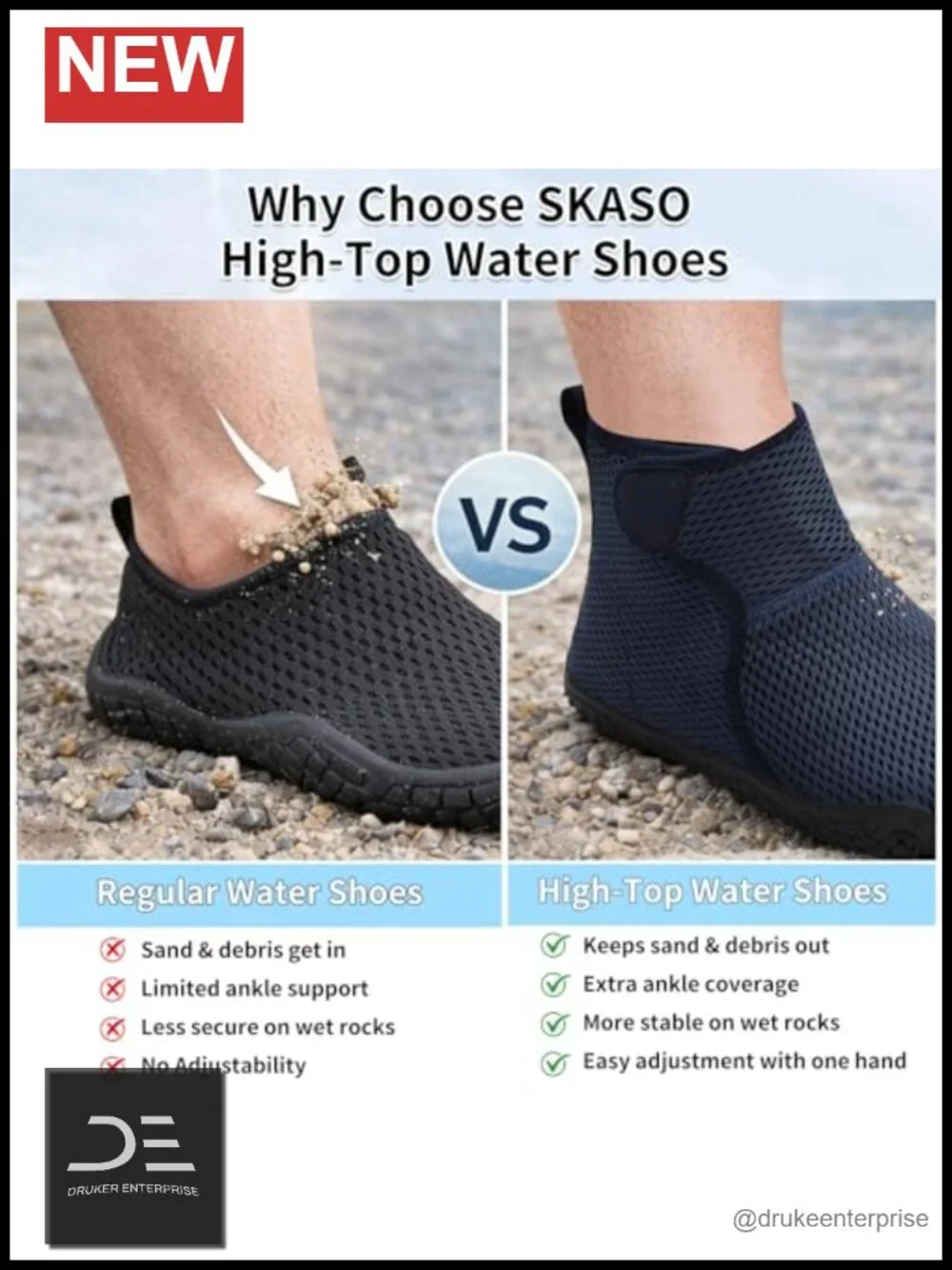 Barefoot High Top Water Shoes, Non-Slip, Quick-Dry Mesh, Adjustable Strap